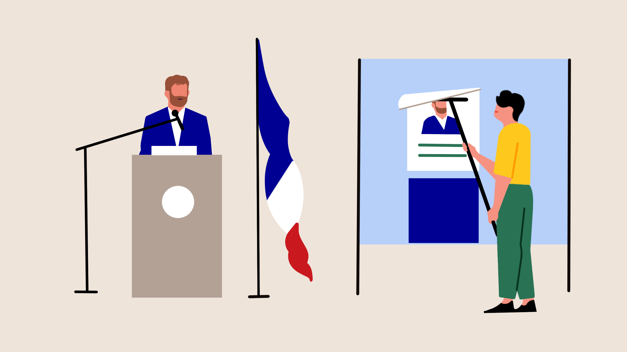 Infographie représentant des citoyens, un élu candidat derrière un pupitre et un homme en train de coller une affiche électorale.
